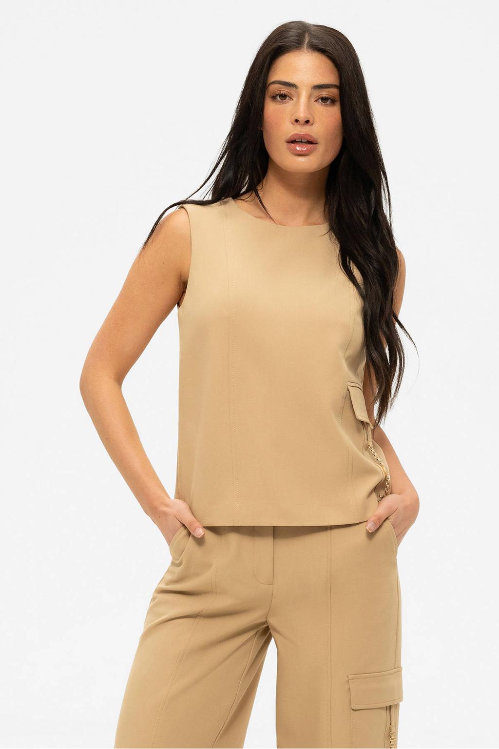 Lichtbruine dames NIKKIE mouwloze top van polyester met effen en ronde hals