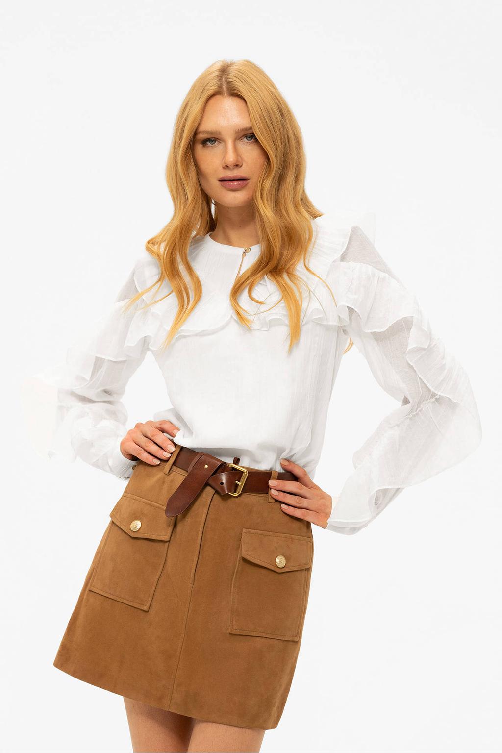 Ecru dames NIKKIE top van polyester met effen, lange mouwen en ronde hals
