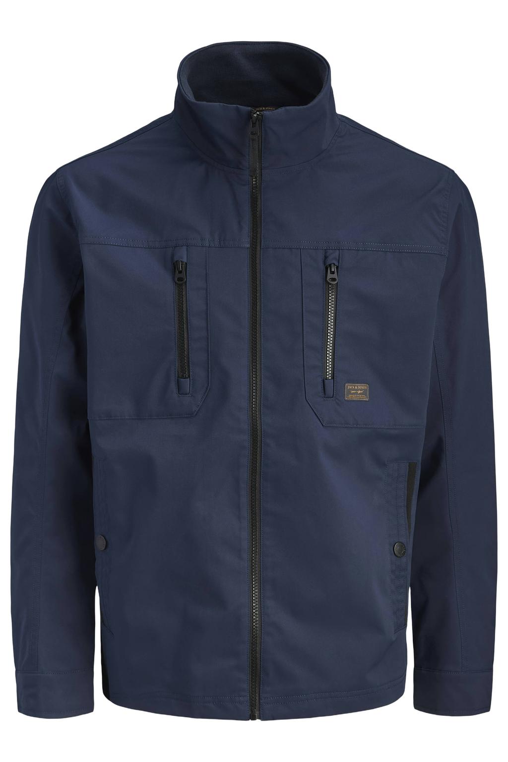 Donkerblauwe heren JACK & JONES tussenjas van polyester met effen, lange mouwen, opstaande kraag en ritssluiting