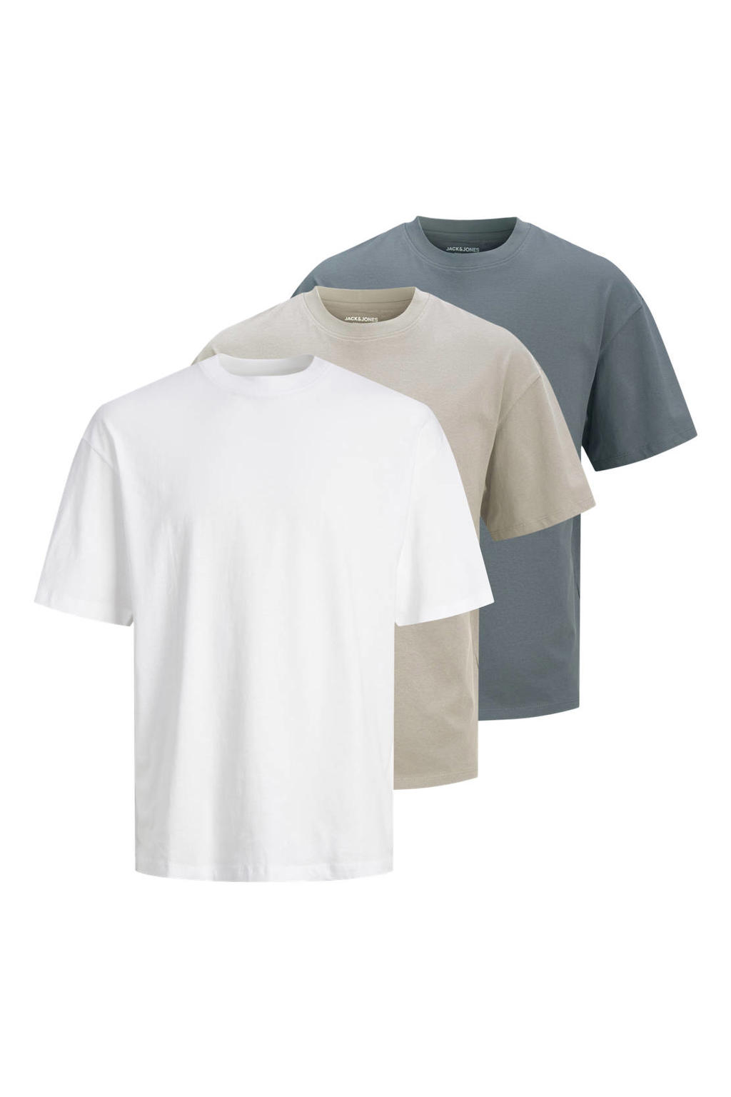 Multikleurige heren JACK & JONES oversized T-shirt set van 3 van katoen met effen, korte mouwen en ronde hals