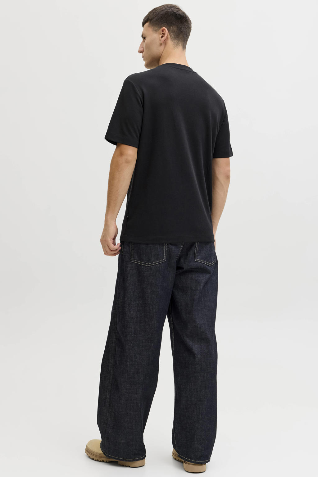 Zwarte heren JACK & JONES CORE regular T-shirt van polyester met printopdruk, korte mouwen en ronde hals