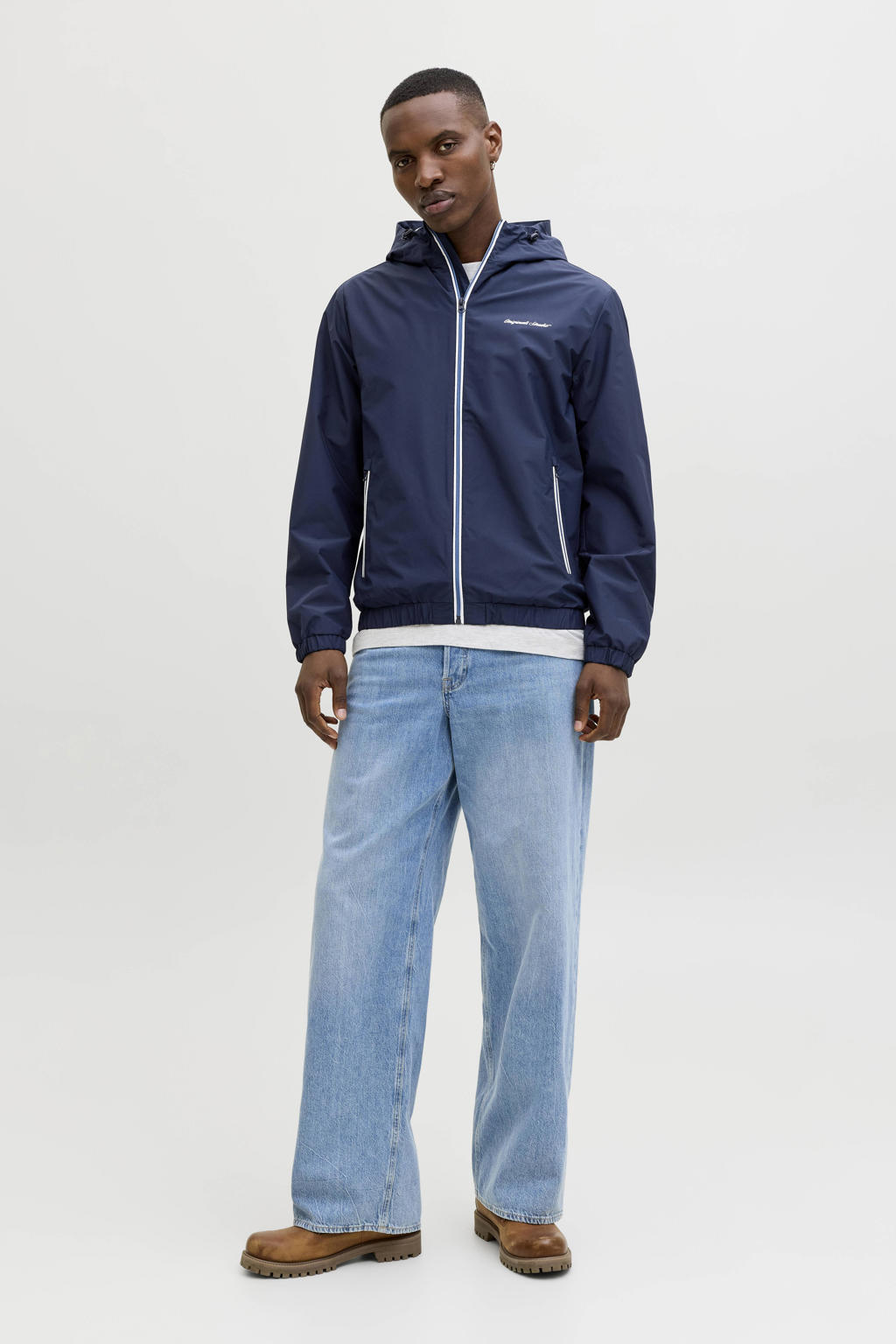 Donkerblauwe heren JACK & JONES ORIGINALS zomerjas van polyester met effen, lange mouwen, capuchon, ritssluiting en gebreide details