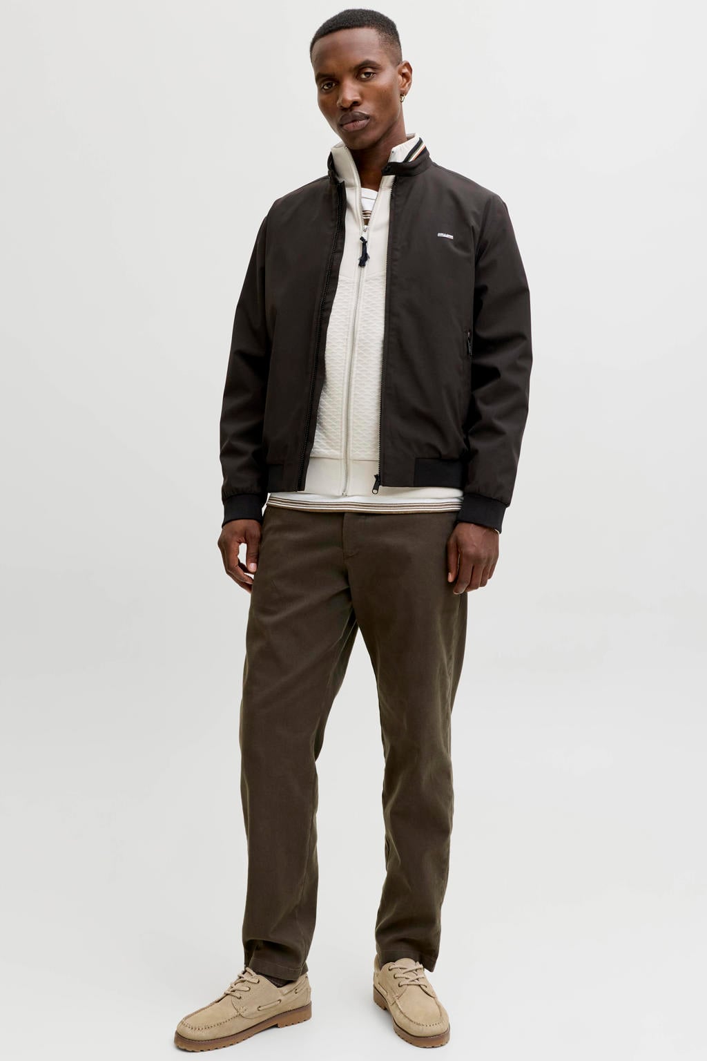 Zwarte heren JACK & JONES PREMIUM zomerjas van polyester met effen, lange mouwen, opstaande kraag, ritssluiting en geribde boorden