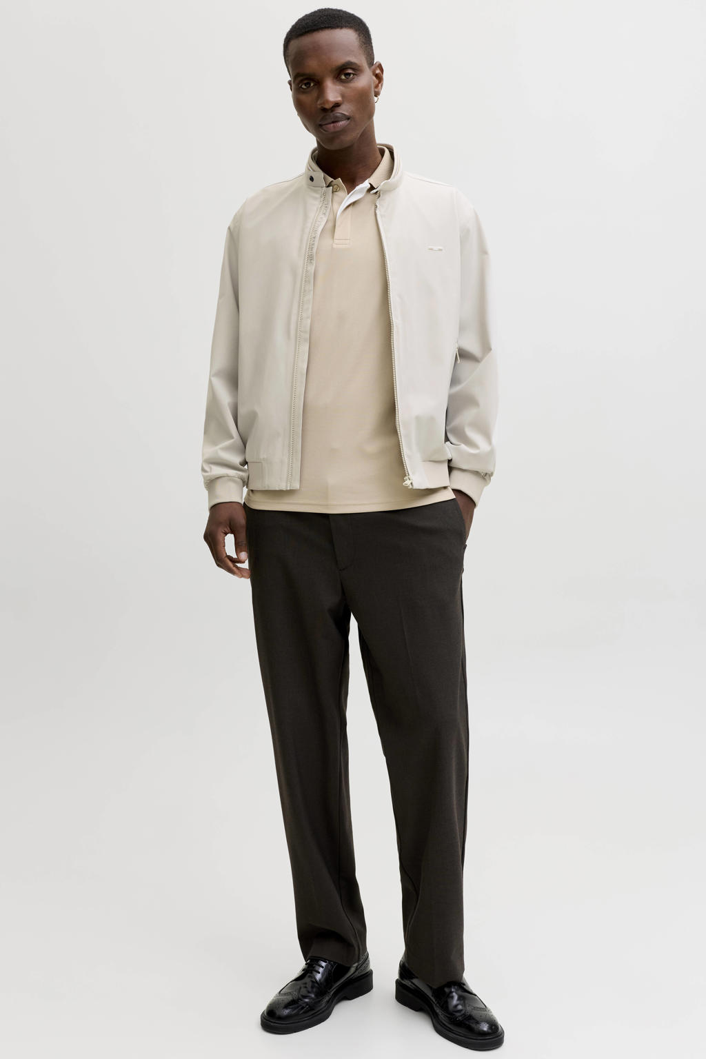 Beige heren JACK & JONES PREMIUM zomerjas van polyester met effen, lange mouwen, opstaande kraag, ritssluiting en geribde boorden