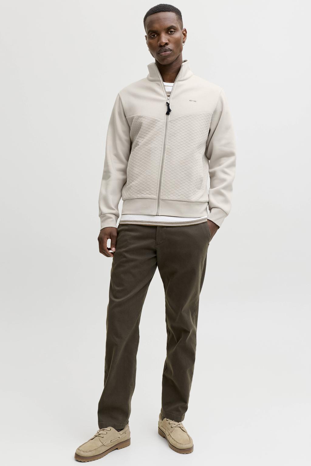 Beige heren JACK & JONES PREMIUM sweatvest met printopdruk, lange mouwen, opstaande kraag, ritssluiting en textuur