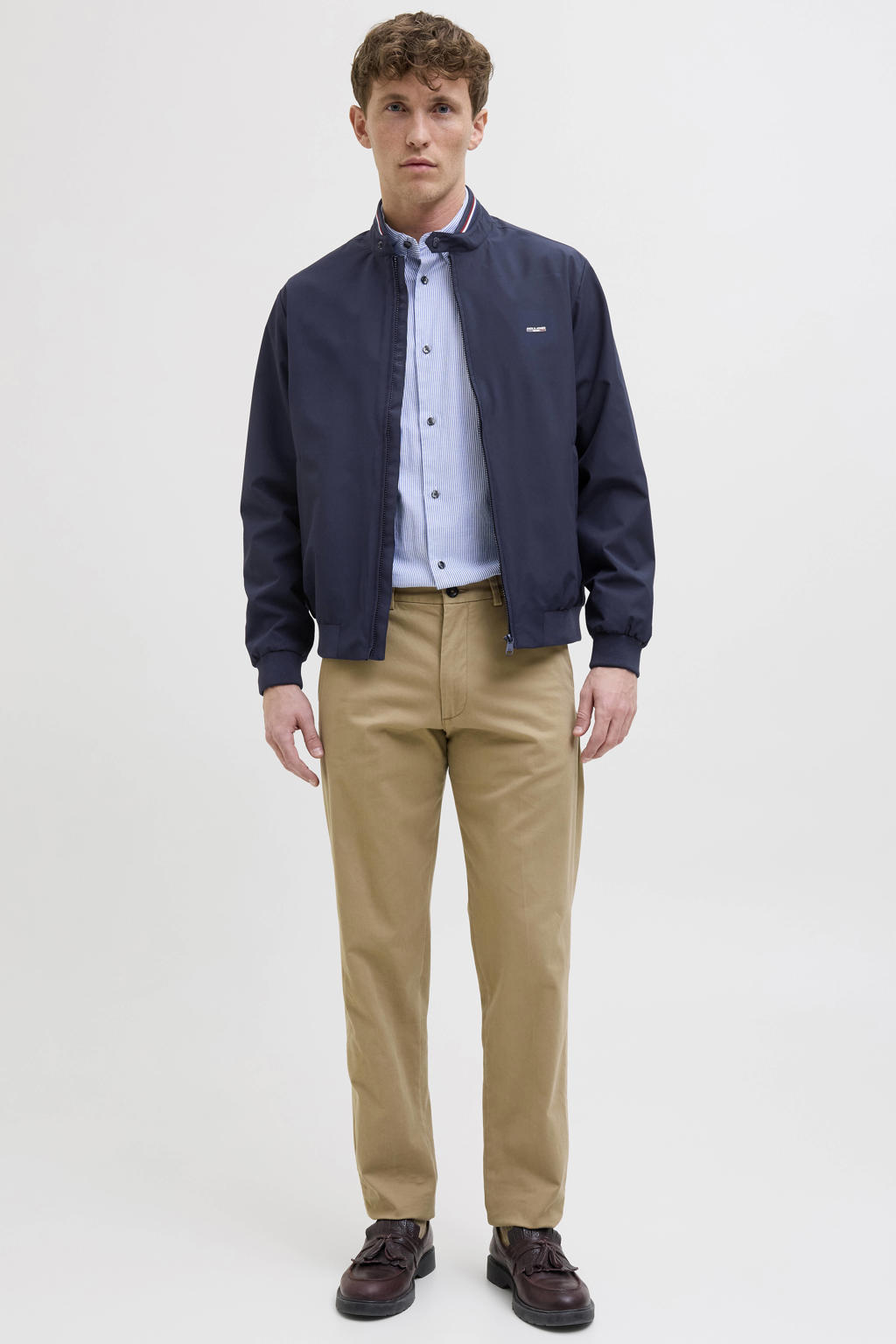Donkerblauwe heren JACK & JONES PREMIUM zomerjas van polyester met effen, lange mouwen, opstaande kraag, ritssluiting en geribde boorden