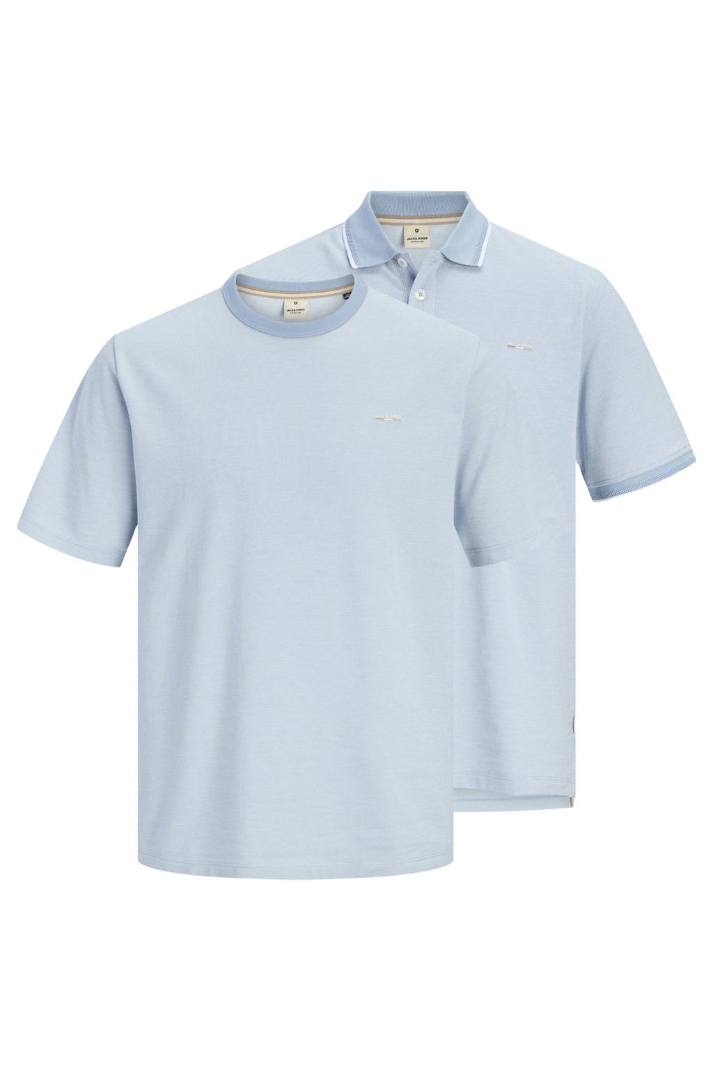 Lichtblauwe heren JACK & JONES PREMIUM regular T-shirt en polo set van 2 met korte mouwen