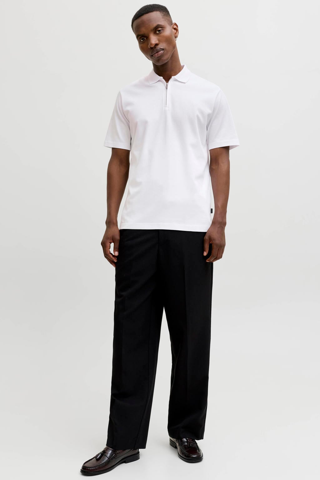 Witte heren JACK & JONES PREMIUM regular polo fijn gebreid met effen, korte mouwen en halve rits