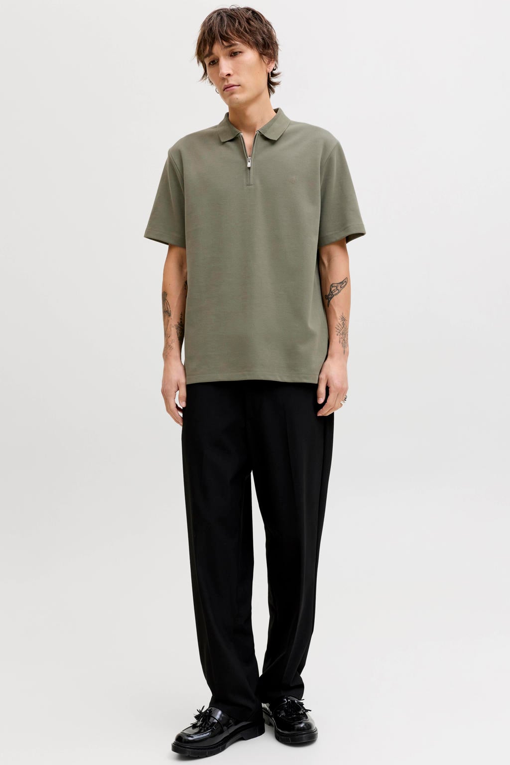 Donkergroene heren JACK & JONES PREMIUM regular polo fijn gebreid met effen, korte mouwen en halve rits