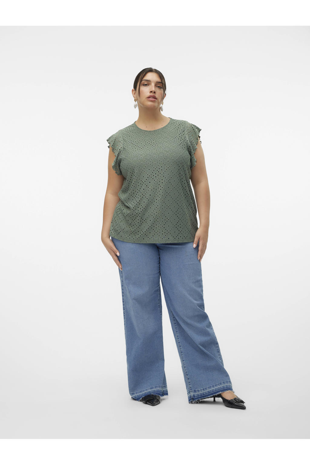 Groene dames VERO MODA CURVE T-shirt van polyester met effen, korte mouwen en ronde hals