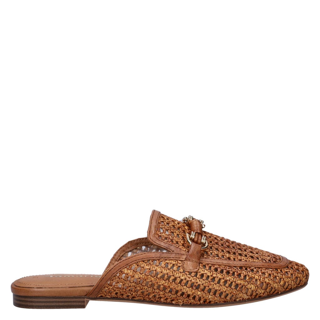 Cognackleurige dames Tamaris slippers met siergesp van raffia en leer
