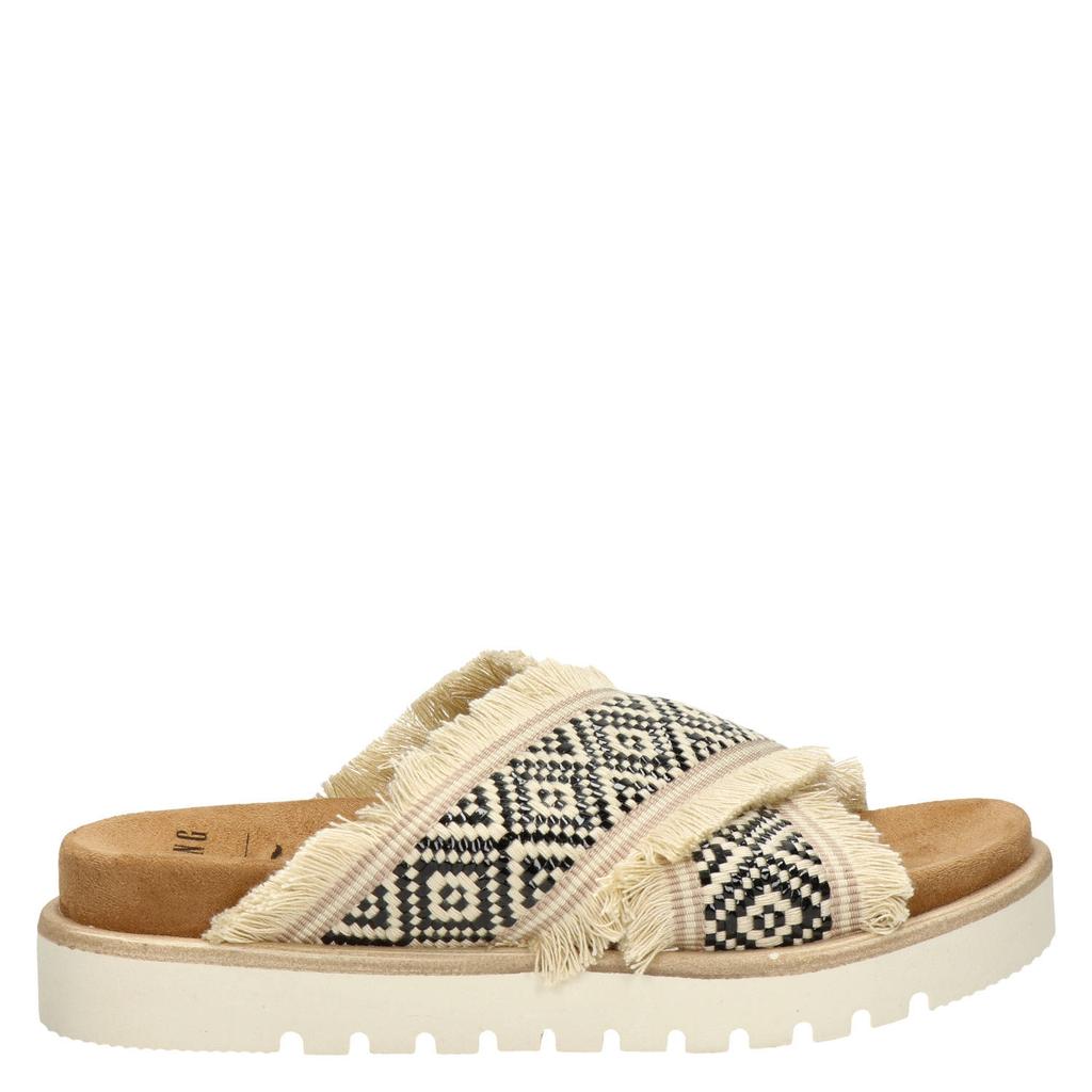 Ecru en zwarte dames Mustang slippers van textiel