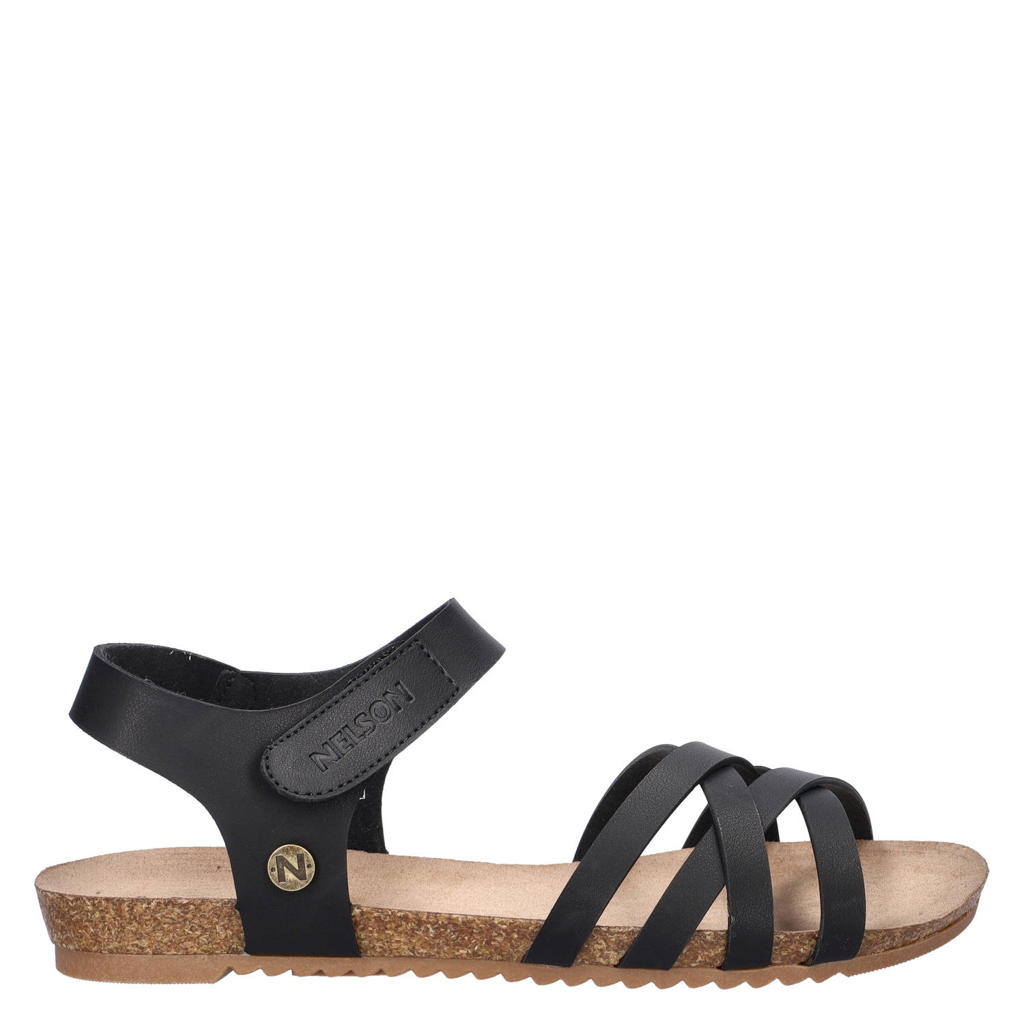 Zwarte dames Nelson imitatieleren sandalen met gesp
