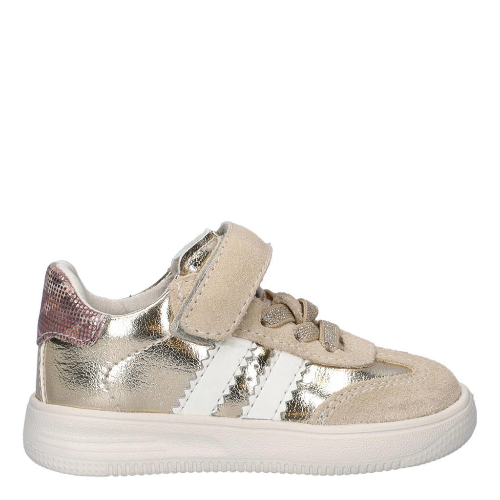 Beige en gouden meisjes Nelson Kids sneakers van leer/suede met veter- met klittenbandsluiting