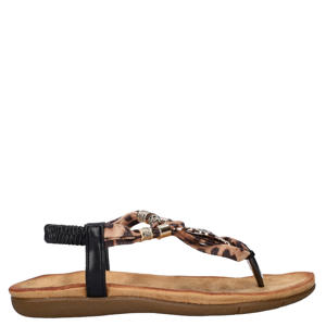 sandalen met kralen en panterprint - zwart/cognac