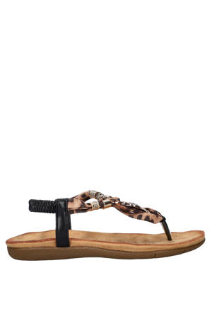 sandalen met kralen en panterprint - zwart/cognac