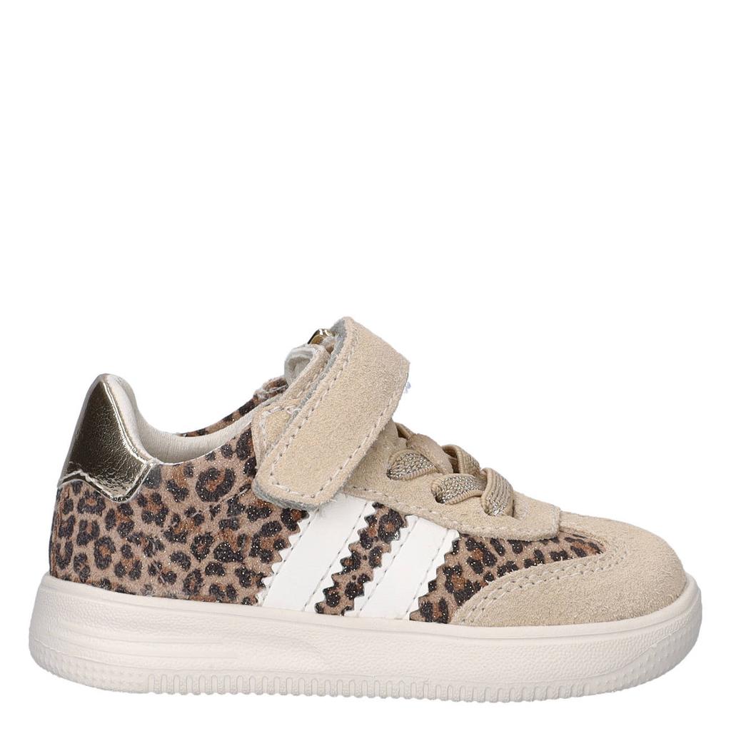 Beige meisjes Nelson Kids suede sneakers met veter- met klittenbandsluiting en panterprint