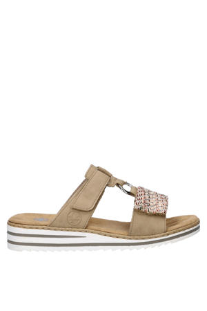 imitatieleren slippers met klittenband en sleehak beige