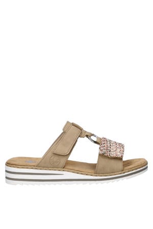 imitatieleren slippers met klittenband en sleehak beige