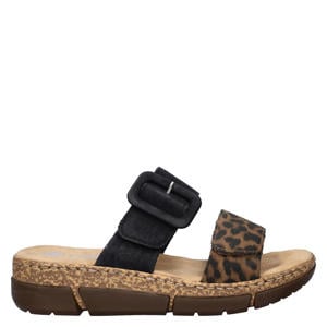 slippers met sleehak en panterprint zwart