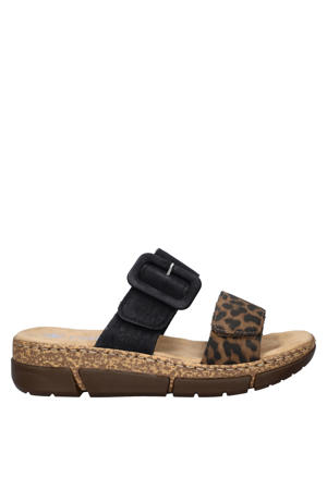 slippers met sleehak en panterprint zwart
