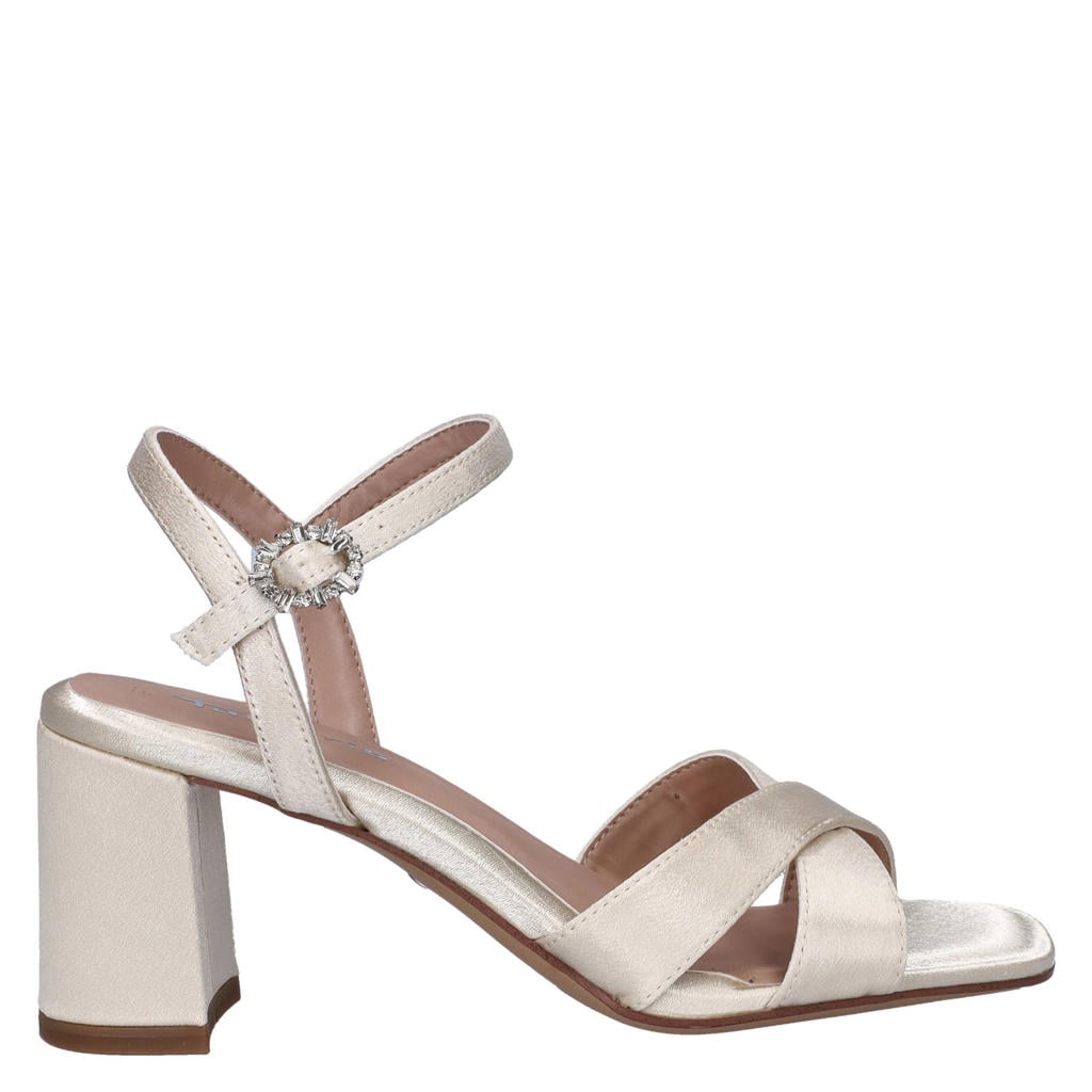 Ecru dames Tamaris sandalen met blokhak van satijn met gesp