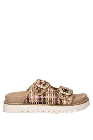 slippers met gehaakt beige/roze