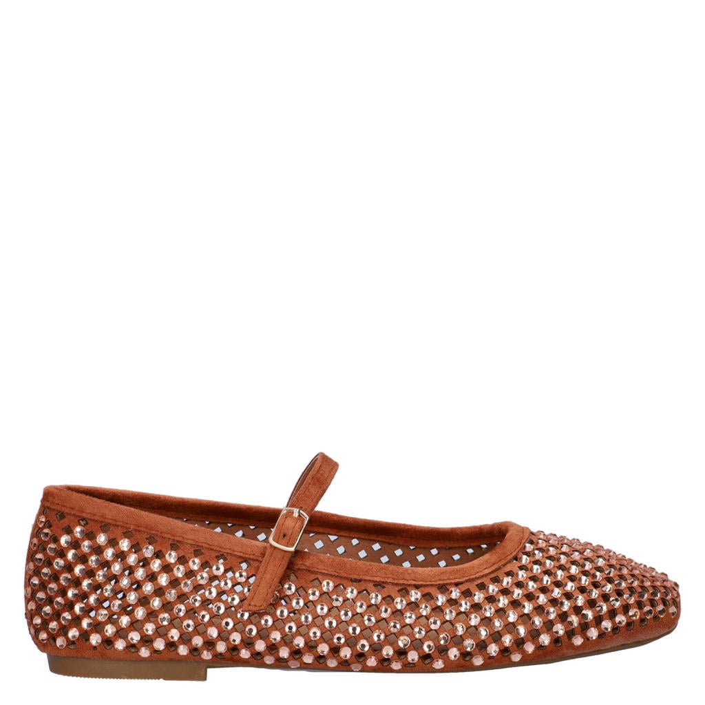 Cognackleurige dames Nelson ballerina's met strass met gesp