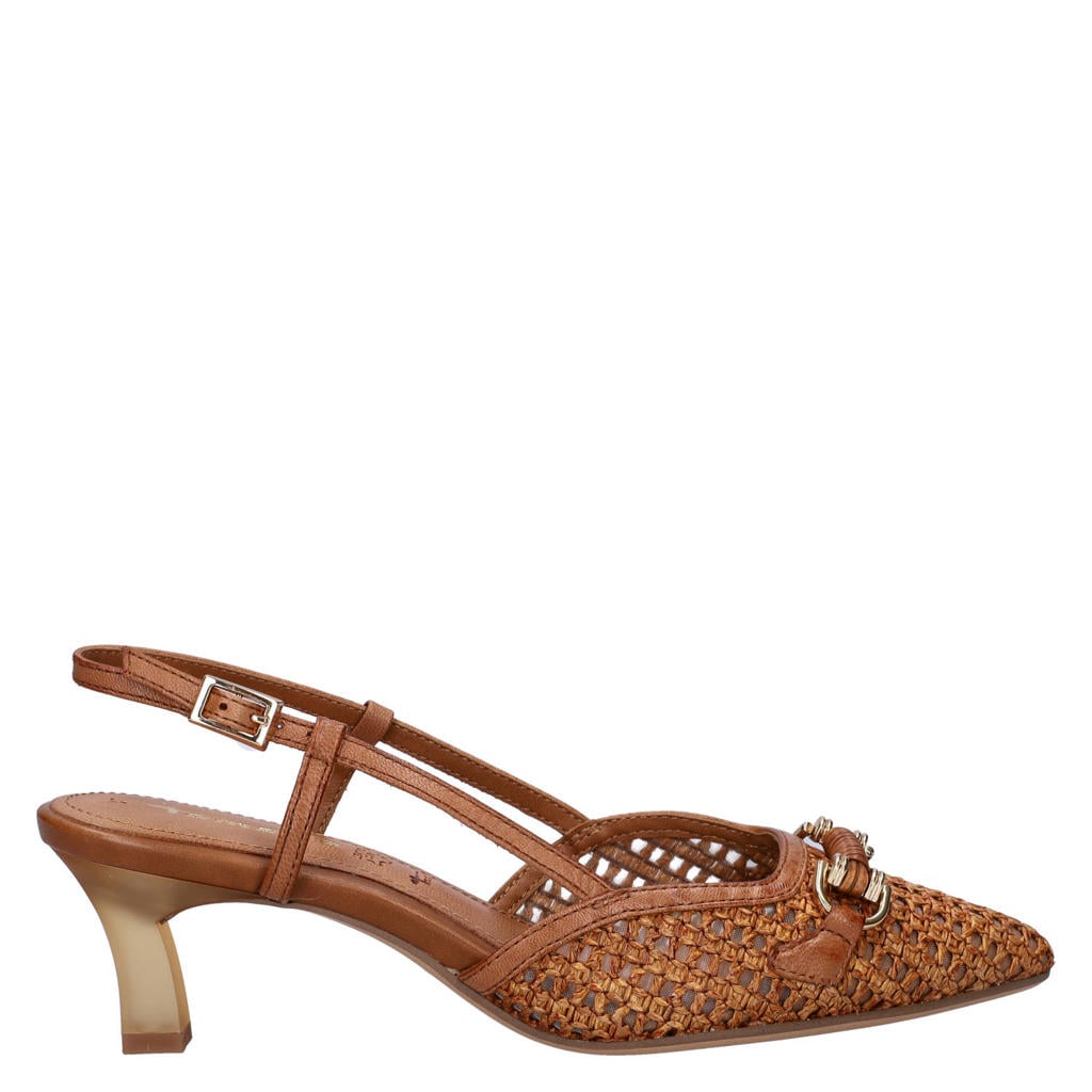 Cognackleurige dames Tamaris leren slingback pumps met hak met gesp