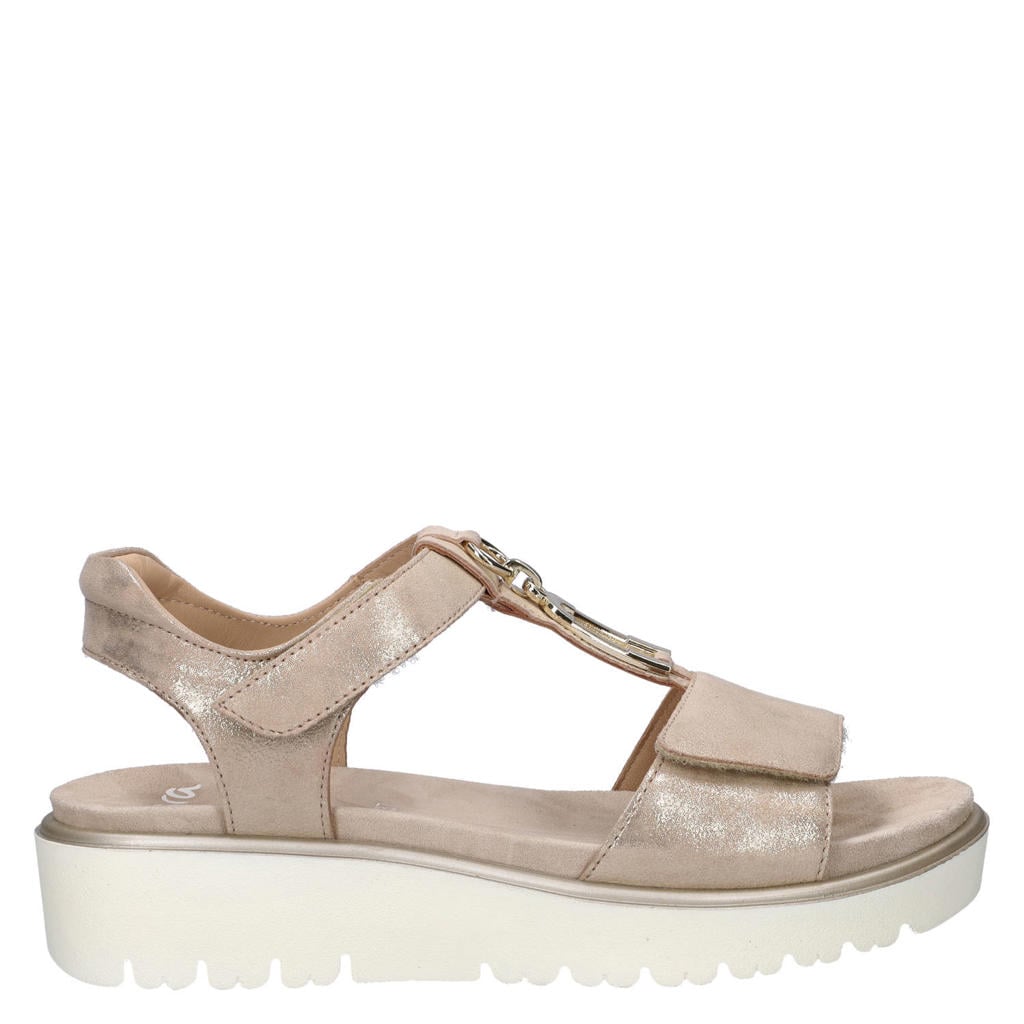 Gouden dames Ara Bilbao leren sandalen met sleehak met klittenband