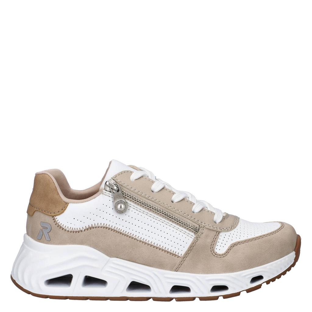 Beige en witte dames Rieker sneakers met rits- en vetersluiting