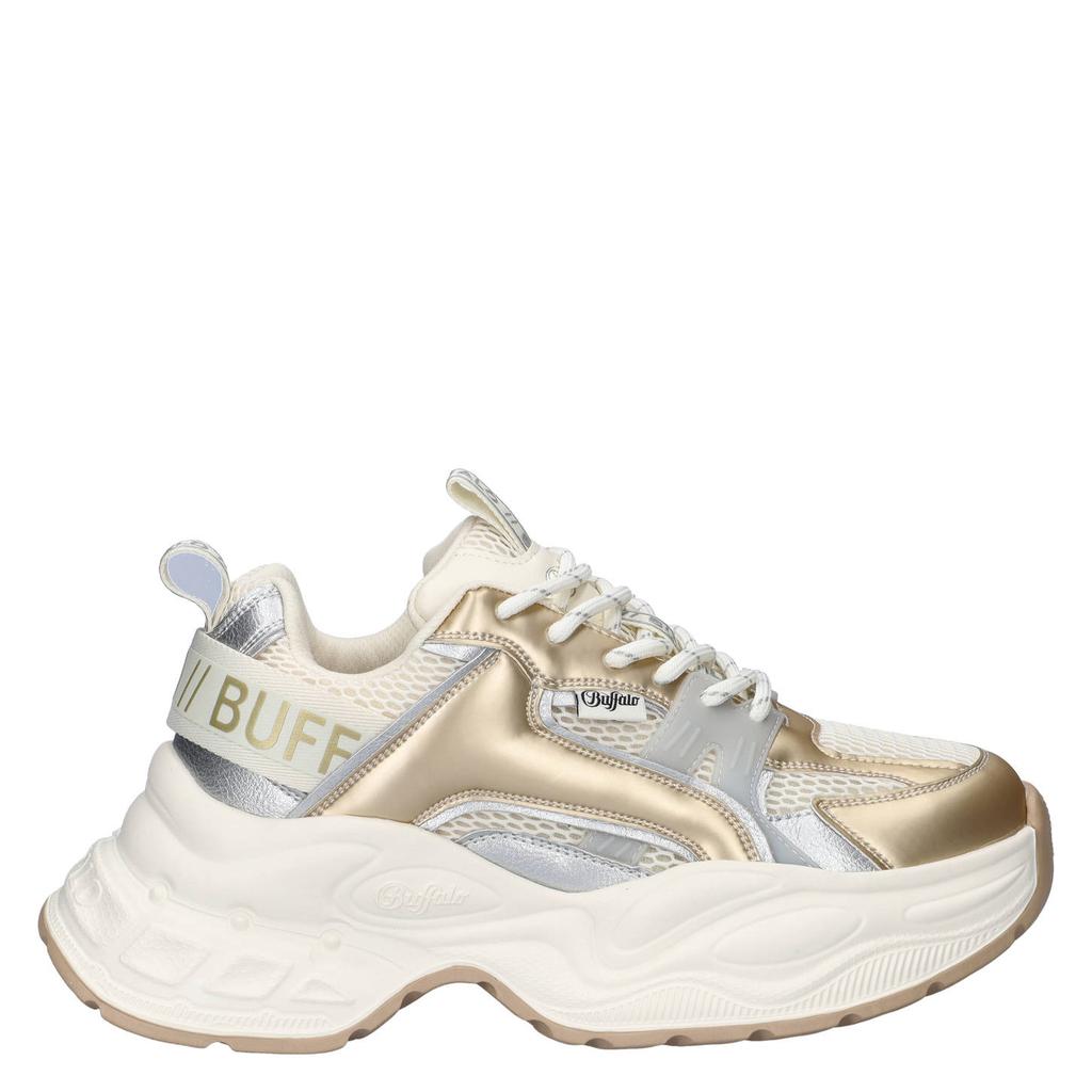 Goud en zilverkleurige dames Buffalo Yuno One chunky sneakers van imitatieleer en textiel met veters