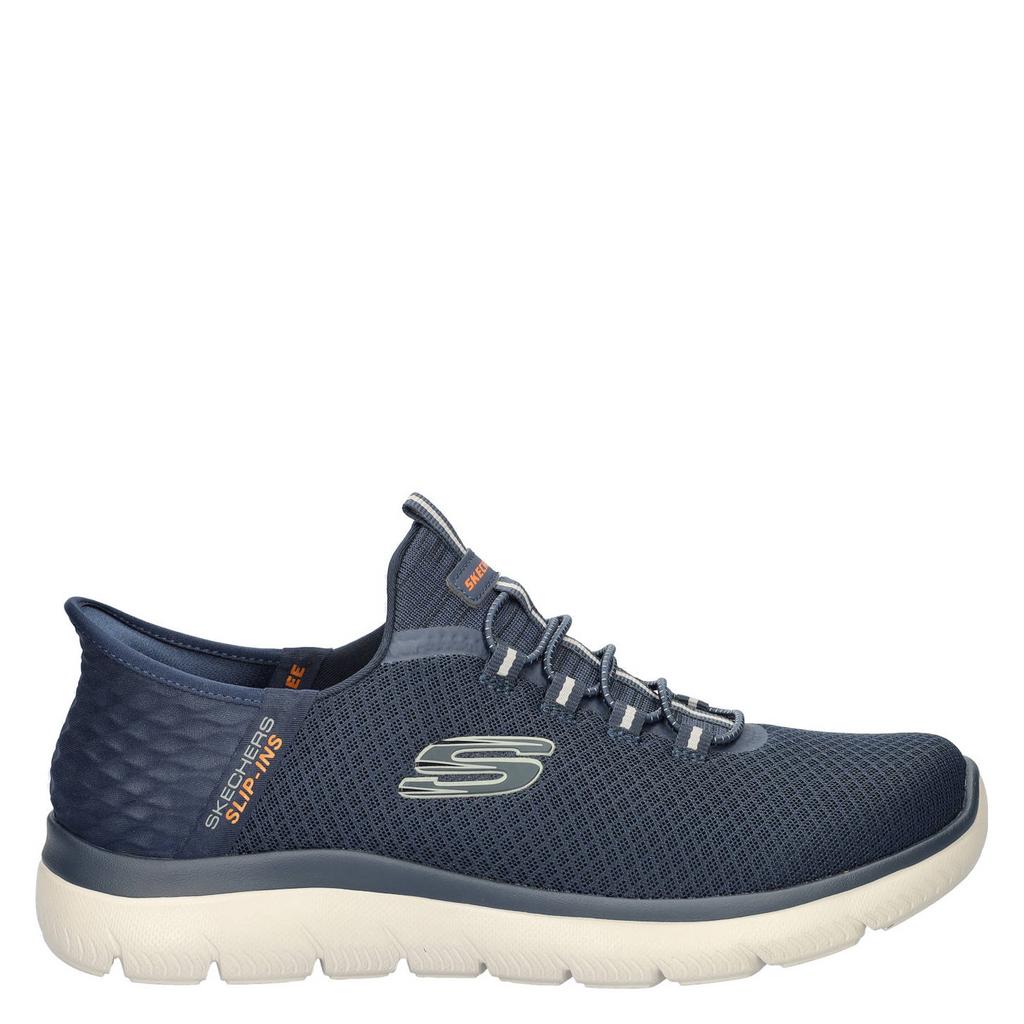 Donkerblauwe heren Skechers Hands Free Slip-Ins Summits sneakers van textiel met elastische veters