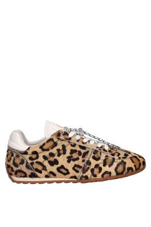 sneakers met ponyhair en panterprint beige/zwart