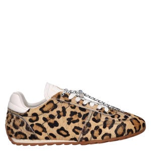 sneakers met ponyhair en panterprint beige/zwart