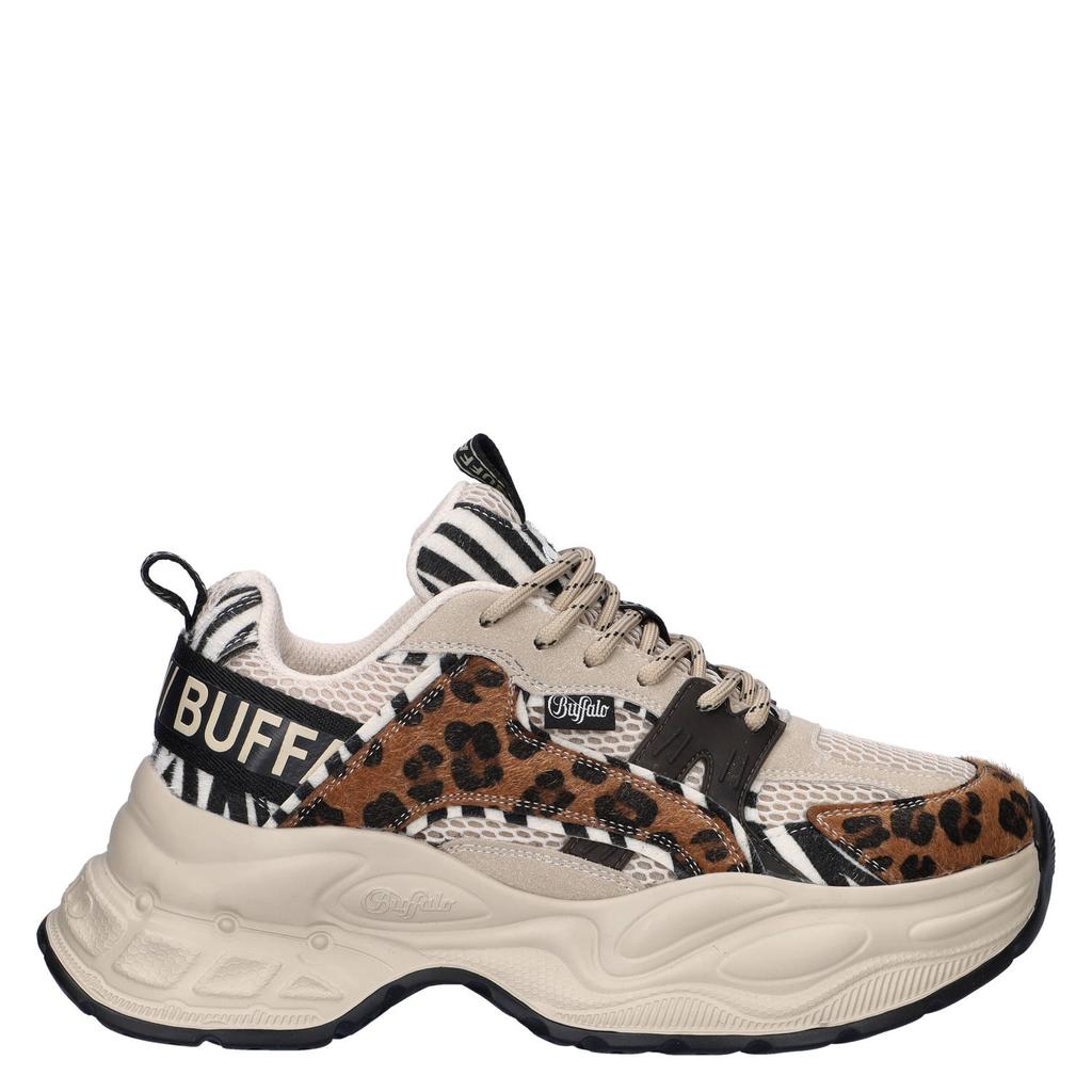 Beige en multikleurige dames Buffalo sneakers van imitatieleer met veters
