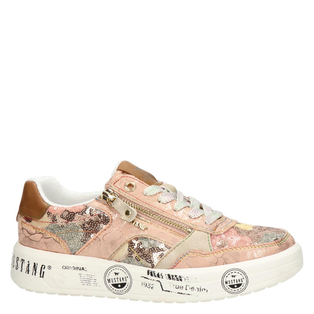 Roze dames Mustang sneakers van textiel met rits- en vetersluiting