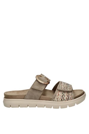 Flex suède slippers met klittenband taupe