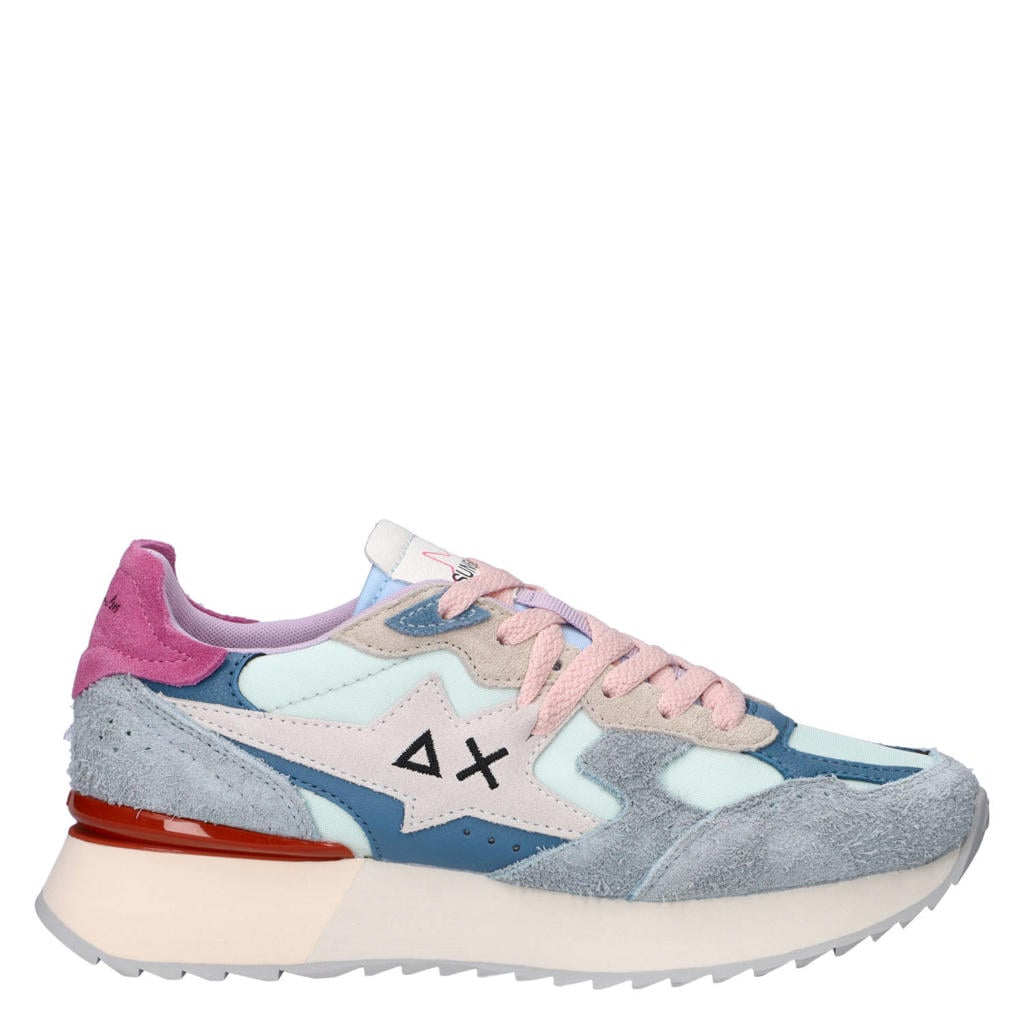 Blauw en roze dames SUN68 Starlight Multic sneakers van suède en nylon met veters