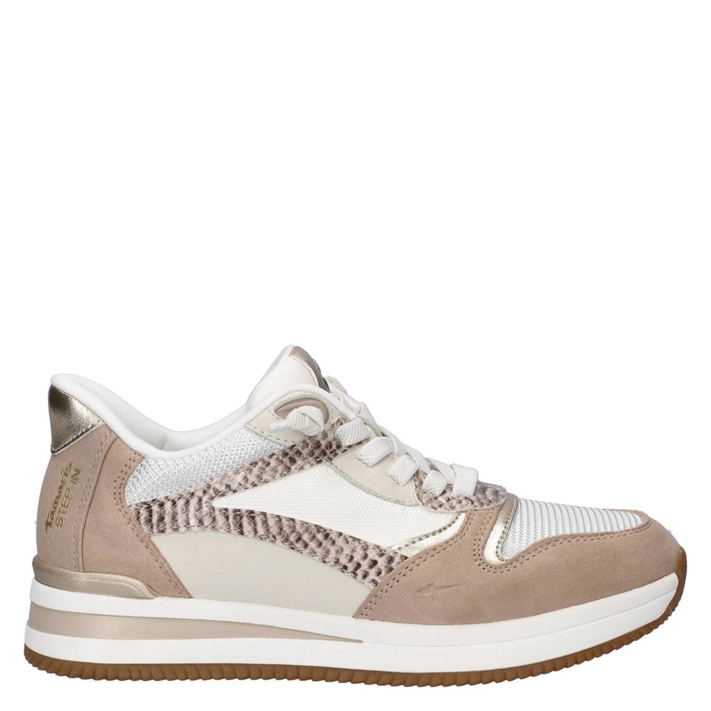 Beige dames Tamaris Comfort sneakers van suède, imitatieleer en textiel met elastische veters