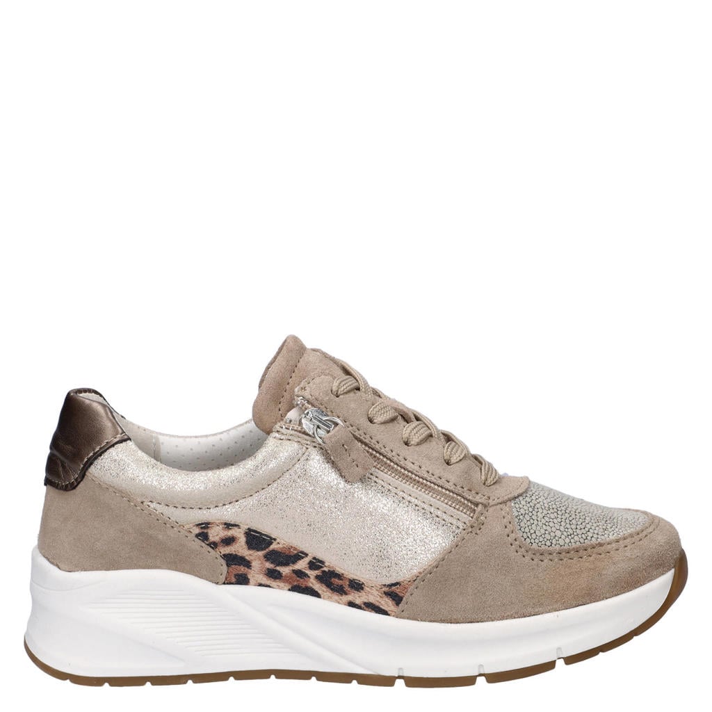 Beige dames Nelson Flex suède sneakers met rits- en vetersluiting
