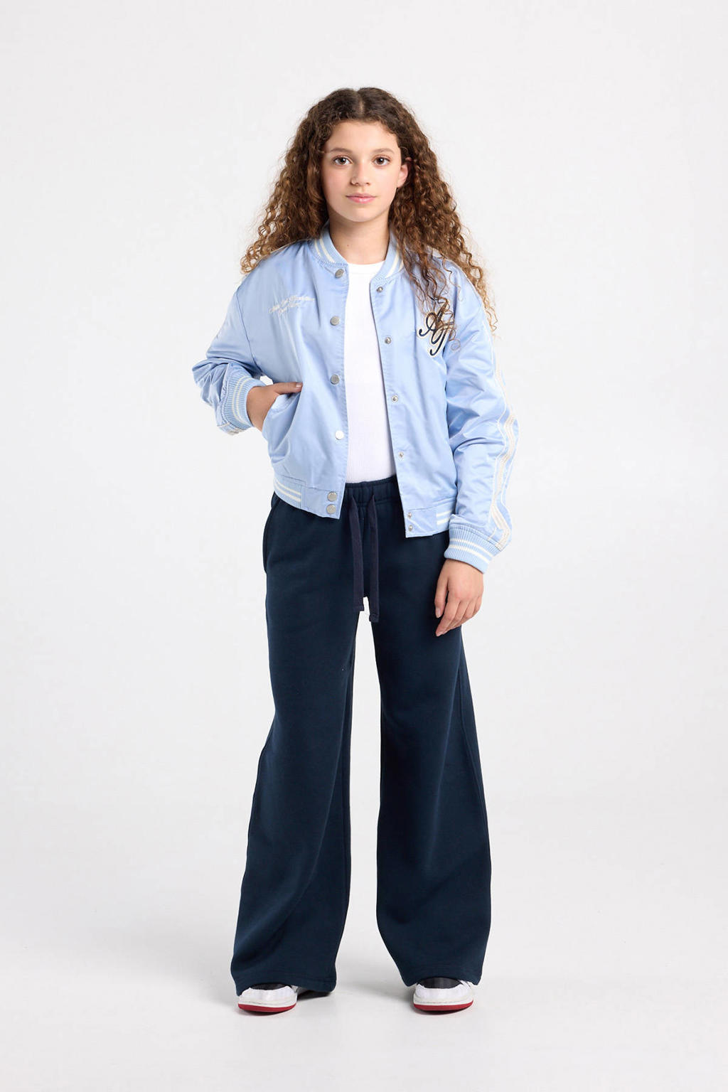 Donkerblauwe meisjes America Today casual broek van katoen met regular waist, elastische tailleband met koord en effen