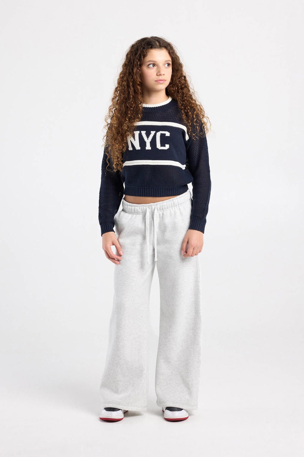 Lichtgrijze meisjes America Today casual broek van katoen met regular waist, elastische tailleband met koord en effen
