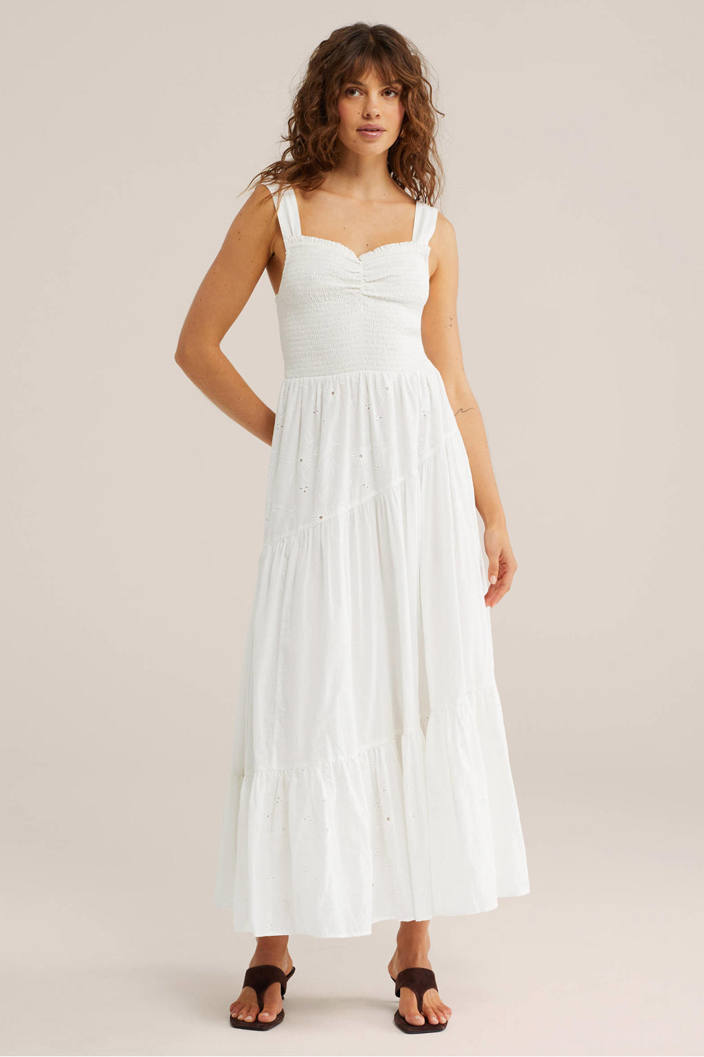 Witte dames WE Fashion maxi jurk broderie van katoen met effen en hartvormige hals