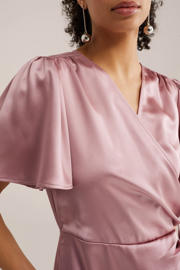 thumbnail: Lichtroze dames WE Fashion midi jurk van polyester met effen, korte mouwen, V-hals en striksluiting