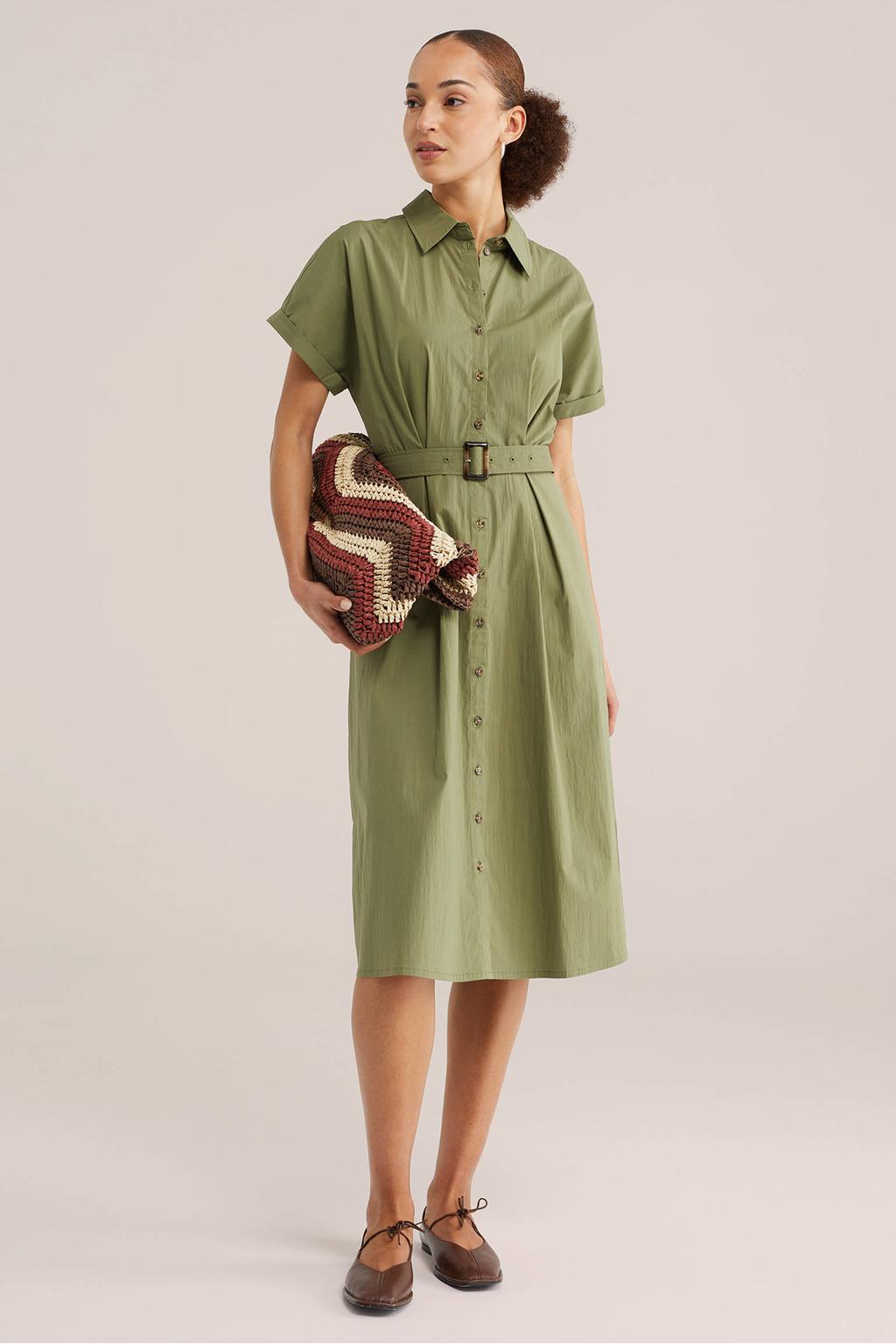 Groene dames WE Fashion blousejurk van katoen met effen, korte mouwen, klassieke kraag, knoopsluiting en ceintuur