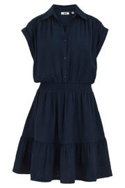 thumbnail: Donkerblauwe dames WE Fashion korte jurk van viscose met effen, klassieke kraag en knoopsluiting