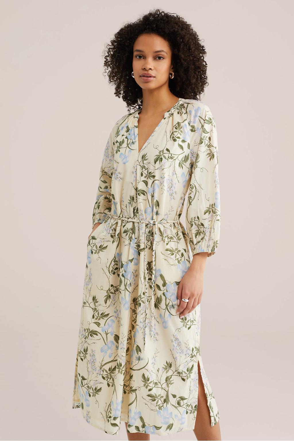 Ecru, groen en blauwe dames WE Fashion gebloemde blousejurk van katoen met half lange mouwen en mao kraag