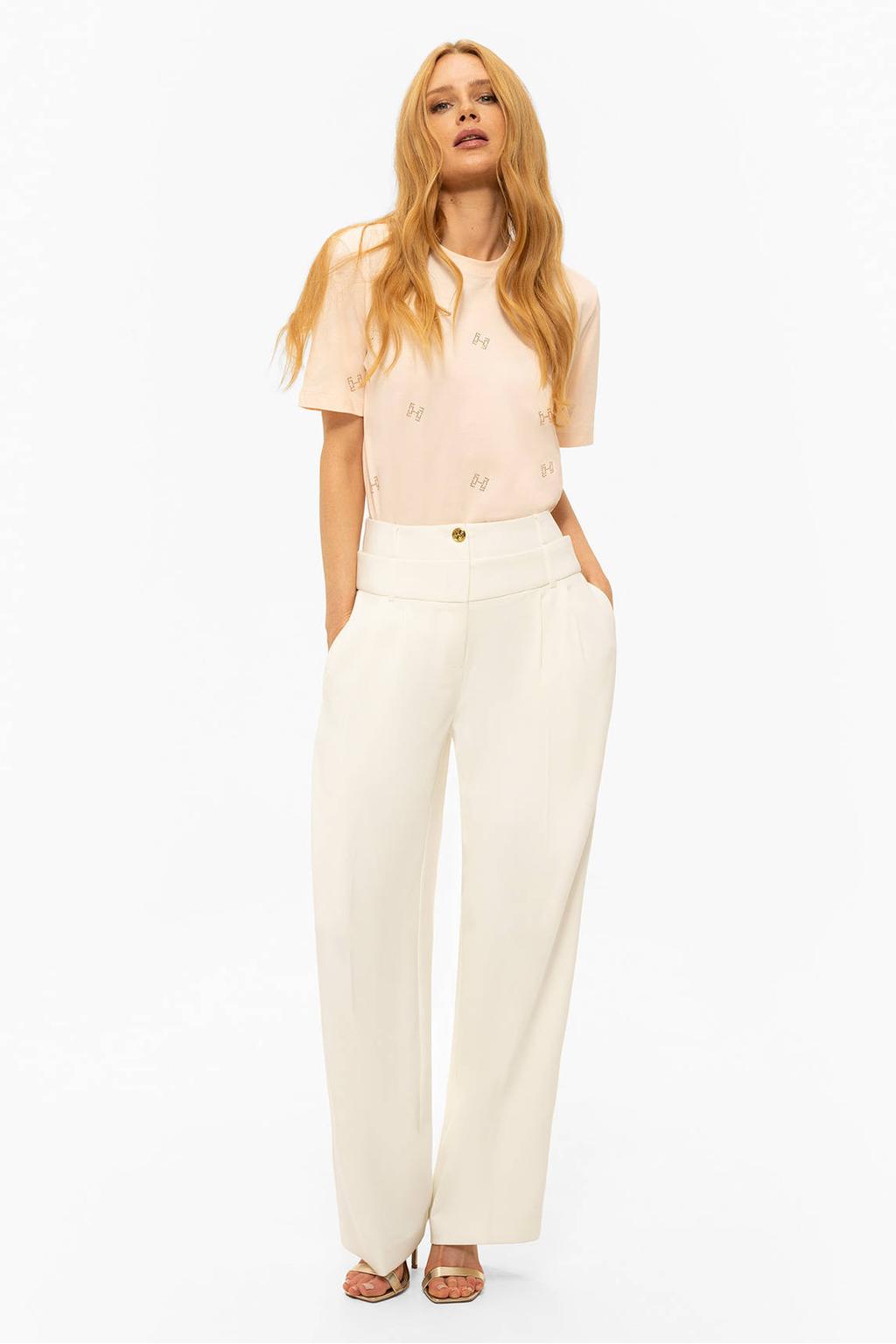 Ecru dames Fifth House wide leg high waist pantalon met rits- en knoopsluiting en effen