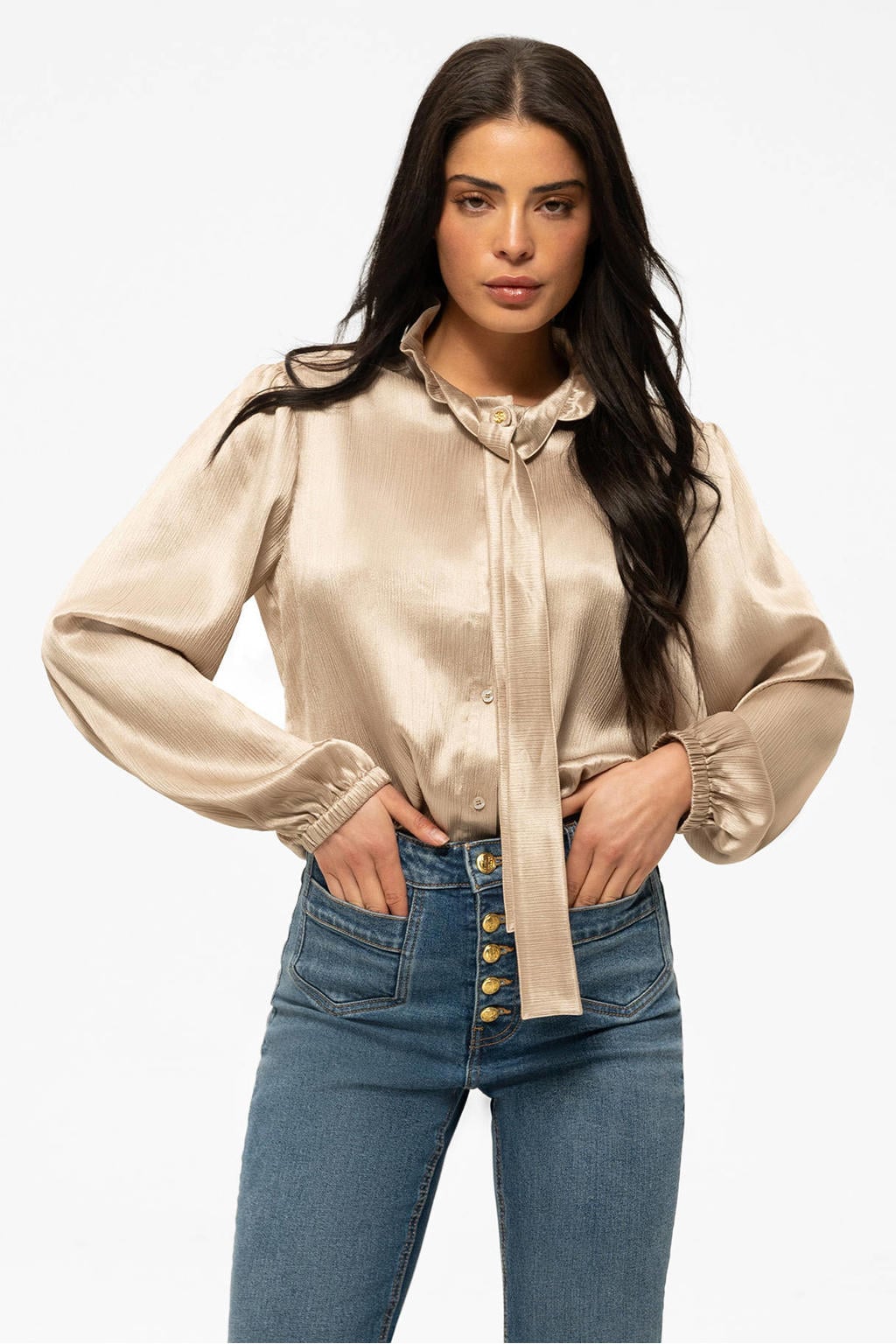 Taupe dames Fifth House blouse van polyester met effen, lange mouwen, strikkraag, knoopsluiting en glimmend detail
